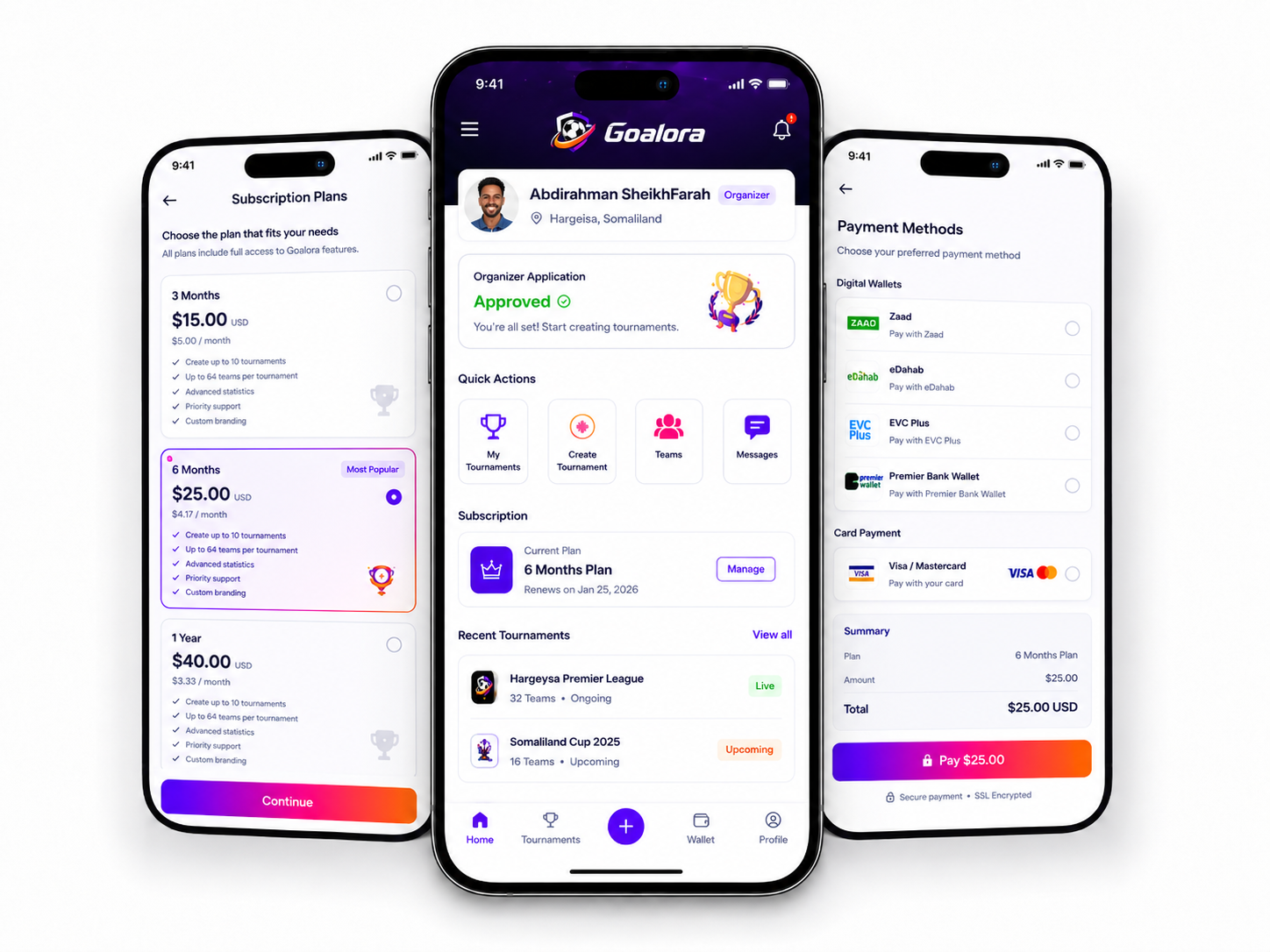 GOALORA subscriptions and payment methods screens